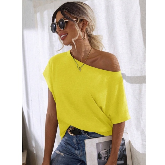 Boat Neck Batwing Sleeve Yellow Tee Shirt Short Sleeve - Picture 7 of 9